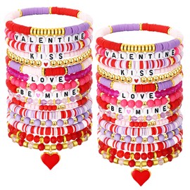Sasylvia Valentine's Day Bracelets Surfer Heishi Pink Purple Preppy Bracelets Friendship Clay Beaded Bracelet Summer Elastic Stretch String Stackable for Girl Women Party Gift Beach (32 Pcs)(32 Pcs)