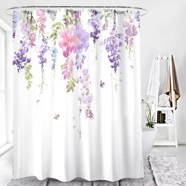 BECAN Floral Shower Curtain, Purple Wisteria Flower Polyester Fabric Waterproof Layer Thickening Shower Curtain 72X72Inches