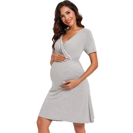 Leversic Womens Maternity Nightgown Short Sleeves Cotton Breastfeeding Nightdress ladies V-Neck Maternity Nightdress Labour gown for Hospital Postpartum Pajamas(Grey,XL)
