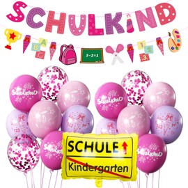 Schulkind Decorative First Day of School for Girls, First Day of School Decoration Set, Garland First Day of School + Sugar Bags Banner + 16 Pink Balloons with ABC 123 School Cone Motif Confetti Foil