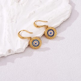 Ornaland Evil Eye Dangle Hoop Earrings Cubic Zirconia Huggie Hoop Drop Earring Flat Round Evil Eye Charms Dainty Earring Jewelry Gift for Women