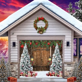 Christmas Garage Door Decorations Cover Banner Backdrop,Winter Holiday Garage Door Cover Banner,Barn Snow Xmas Tree Gifts Christmas Single Garage Door Banner for Outdoor Holiday Decoration Large 7x8ft