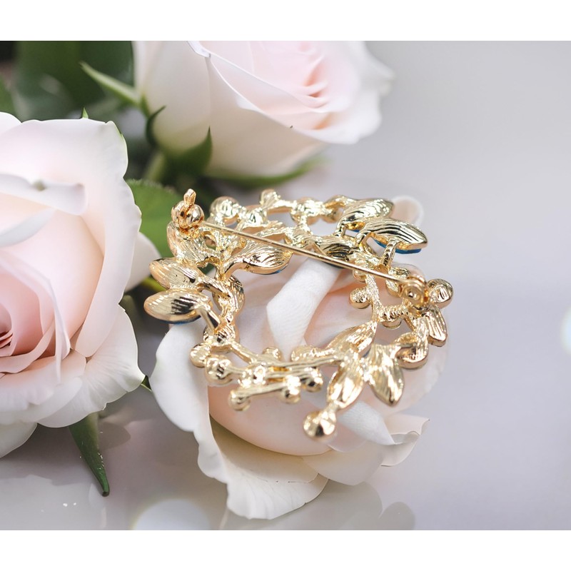 Gyn&Joy Rhinestone Crystal Leaf Wedding Flower Wreath Brooch Pin, Metal,