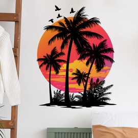 RoyoLam Tropical Sunset with Palm Trees and Birds Wall Stickers for Living Room Silhouette Plant Wall Decals Removable Peel and Stick Wall Art Home Decor Decoration for Bedroom Bathroom Library