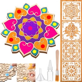 Weekgrat 11.8 Inch Diwali Rangoli Mats Mandala Sand Art Set Include 4 Pcs 6" Mandala Painting Stencils Wooden Coloring Mat Rangoli Stencils for Diwali Rangoli Festivals Home Decor Supplies