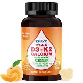 Biobor Vitamin D3 K2 Gummies with Calcium, Sugar Free Vitamins Supplement, 5000 IU D3 & 200 mcg K2 & 200 mg Calcium, Supports Healthy Bones & Immune Health, Gluten Free, GMO Free, 60 Count