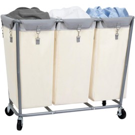 STORAGE MANIAC Commercial Laundry Hamper with Heavy Duty Steel Frame, 230 L Industrial Laundry Basket Cart with Wheels for Hotel, Home, Laundry Room, 37.8''L x 16.9''W x 31.5''H, 3 Section Beige