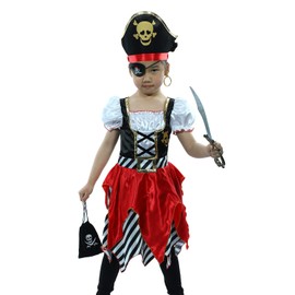 Rabtero Luxury Pirate Costume Dress for Girls,Buccaneer Princess Dress with Plenty of Pirate Role Play Toys for Kids 7-8years