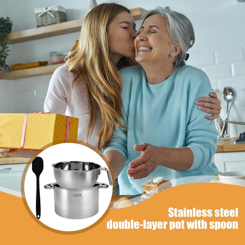 Double Boiler Pot Set with Silicone Spatula, 2000ML/2.1 QT Chocolate