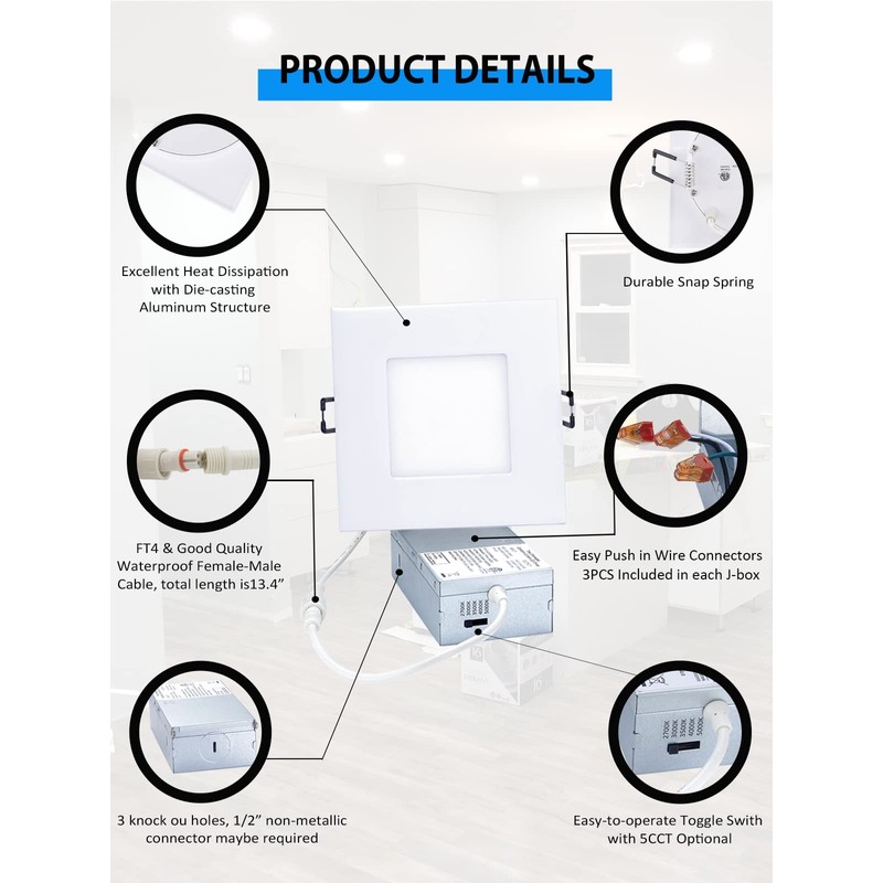 POPANU Recessed Lighting 4-inch Square-LED - Canless Recessed Light Fixture,