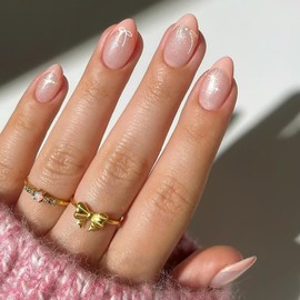 24Pcs French Tip Press on Nails Short Almond Fake Nails Full Cover Pink Acrylic Nails Bow False Nails with Pearls Charms Design Shiny Glue on Nails Star Stick on Nails for Women Valentines Manicure