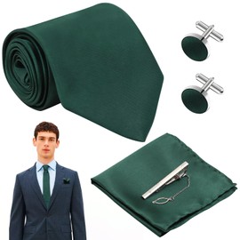 VEGCOO Men Tie and Pocket Square Tie Clip Cufflinks Set, Men's Tie Dark Green Tie 8cm Men's Party Dress Accessories