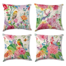 AREBOLO Flower Velvet Cushion Covers 45 x 45CM, Set of 4 Pink Floral Bird Throw Pillow Covers for Patio Furniture Decorative Rustic Flowers Prints Pillowcases Cushion Cases for Couch Sofa Living Room