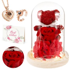 Nasjac Flor Rosa Eterna, Regalos para Mujer Mamá, Anillo Collar con I Love You 100 Idiomas, Rosas Flores Conservadas con Luz LED, Regalos para San Valentín, Cúpula de Acrílico, Tarjeta de Felicitación