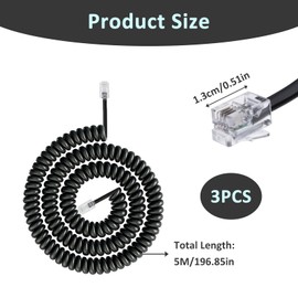 Pack of 3 RJ9 Telephone Cable Lead Curved Spring-Loaded Spiral Handset Wire, 5 Metre Telephone Handset Cable Spring-Loaded Coiled Cable for Landline Telephone Home Office Landline Telephone Handset