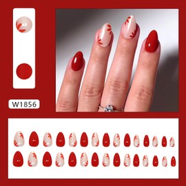 Almond Flower Press on Nails Short Red Fake Nails with Floral Design Glossy Spring False Nails Cute Acrylic Nails Oval Full Cover Acrylic Glue on Nails Chrome Ombre Stick on Nails for Women 24Pcs