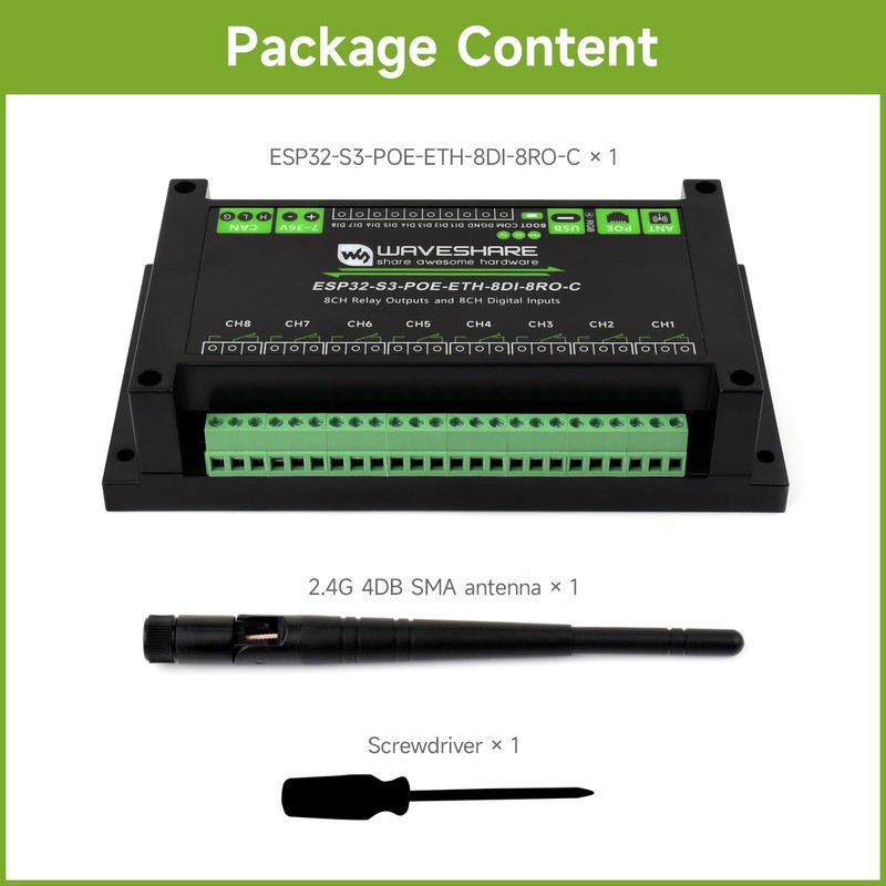 Waveshare ESP32-S3-POE-ETH-8DI-8RO-C(PoE Network Port), Industrial 8-Ch ESP32-S3 WiFi Relay Module,