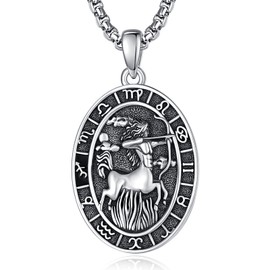 ADMETUS 12 Zodiac Sign Necklaces, 925 Silver Zodiac Sign Pendant Jewellery Oval Zodiac Sign Constellation Chain Gifts for Men with 2.5 mm 22 Inches + 2 Inch Rolo Chains, Sterling Silver, No Gemstone