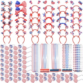 Aurelema 108 Pcs 4th of July Accessories Patriotic Party Favors Supplies 36 Patriotic Head Boppers Headbands 36 Shutter Glasses 36 Flag Necklaces Red Blue White Decorations Memorial Independence Day