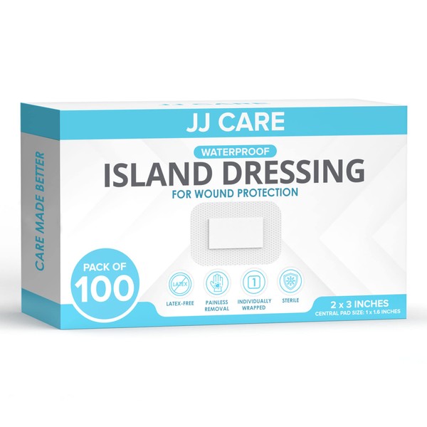 JJ CARE Waterproof Adhesive Island Dressing [Pack of 100], 2" x 3" Sterile Island Wound Dressing, Breathable Bordered Gauze Dressing, Individually Wrapped Latex Free Bandages, Non-Stick Central Pad
