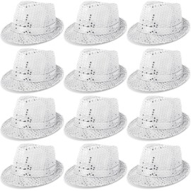 Janmercy 12 Pieces Western Sequin Hat Glitter Solid Color Dance Hat Retro Disco Unisex Costume Cap for Party Props Supplies(White)