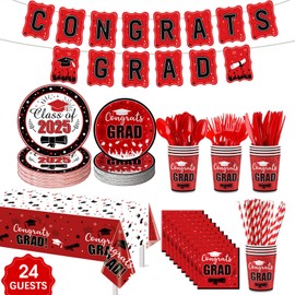 Graduation Party Supplies Congrats Grad Decorations Class of 2025, Disposable Plates and Napkins with Banner Tablecloth Cups Dinnerware Sets for Graduation Decor, Serves 24 (Red and White)