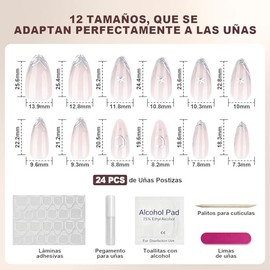 Uñas Postizas con Punta Francesa, Uñas Press on para Manos, Cortas y Puntiagudas en Forma de Almendra con Acabado UV, Kit de Uñas Semitransparentes de
