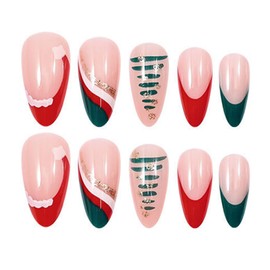 Christmas Press on Nails Almond Fake Nails French Tip False Nails with Christmas Hat Tree Stripes Line Design Medium Glossy Acrylic Nails Glue on Nail for Women 24Pcs