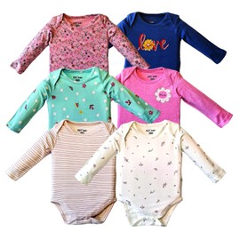 Baby 6 Piece Bodysuit with Floral-Themed Print, Long Sleeves, 100% Cotton (Pack Of 6) (Multi Coloured, 9-12 Months)