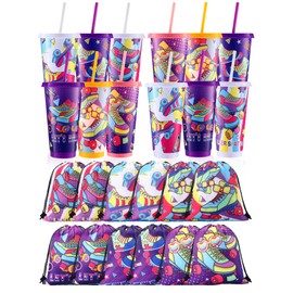 Tellingyou 24 Pcs Roller Skate Party Favors 12 Pcs 24 oz Roller Skate Plastic Cups with Lids and Straws 12 Pcs Drawstring Backpack Reusable Tumbler Goodie Bag for Retro 80s 90s Birthday Party Supplies