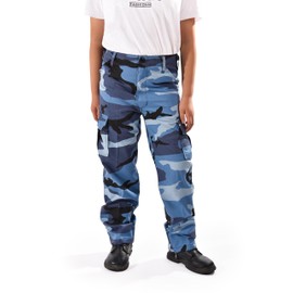 BACKBONE Boys Girls Kids Combat Army Ranger Camping Outdoor camo Cargo Pants Trousers (Size S = Waist 24", Sky Blue Camo)