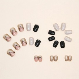 French Tip Press on Nails Short Fake Nails Gold Glitter Acrylic Nails Square Shape Artificial Nails Full Cover Glue on Nails Line False Nails Glossy Stick on Nails for Women Girls Manicure 24Pcs