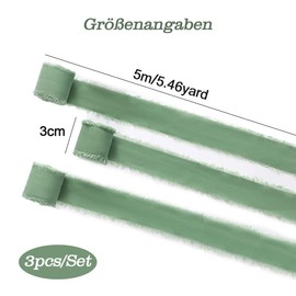 Auriselle Chiffon Gift Ribbon 3 Rolls 30 mm x 5 Metres, Wide Ribbon Eucalyptus Green Fringe Edge DIY Matching Table Runner Fabric Ribbon Wedding Invitations Bridal Bouquets Table Runner Gift Wrapping