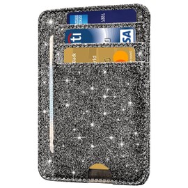 HOTCOOL Card Holder Wallet Front Pocket Minimalist Travel Cute Funny Thin Leather With RFID Blocking Small Credit Card Holder Wallet for Men & Women Girls Organizer Gifts, Glitter Black