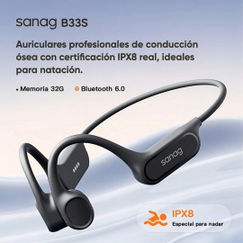 Audfonos De Conduccin sea Para Natacin Sanag B33s Ipx8 32gb, Bluetooth 6.0, Deporte Y Running, Resistentes Al Agua, Msica Sin Telfono, Color Negro    