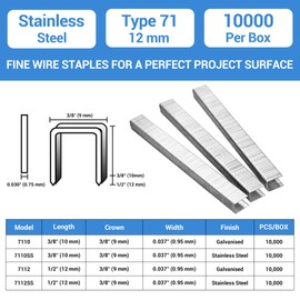 meite 71/12 22 Gauge 304 Stainless Steel Upholstery Staples, 3/8-Inch Crown with 1/2-Inch Leg Length, Heavy Duty Staples for Construction, Furniture, Crafts & DIY Projects (1 Box)