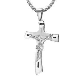 Rehoboth Catholic Crucifix Jesus Christ on INRI Cross Large Pendant Necklace for Mens Stainless Steel 24 Chain Silver