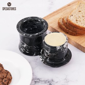 SPESHSTONES Marble Butter Keeper with Lid for Countertop 4 Inch Black French Butter Crock with Water for Kitchen Storage Holder, Stone Butter Dish for Soft Spreadable Butter