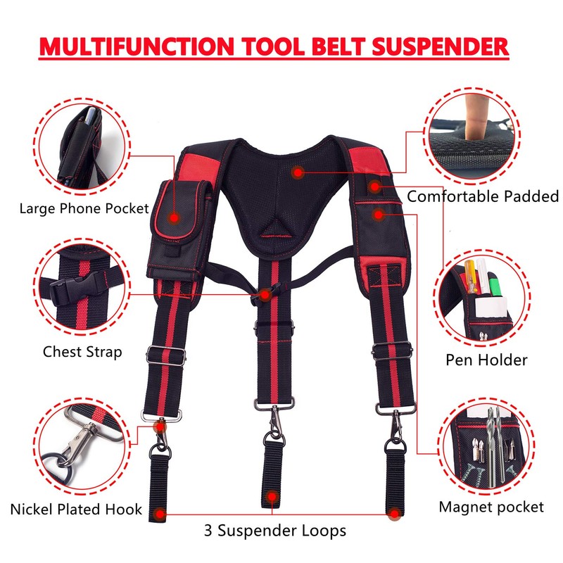 AISENIN Tool Belt Suspenders Construction Work Suspenders with Magnet Pocket,