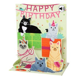 Up With Paper Pop-Up Sight 'N Sound Greeting Card - Feline Birthday, green, black, grey, orange, white