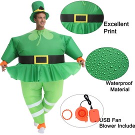 AICHLO Leprechaun Inflatable Costume Adult Green Leprechaun Costume Irish Blow up Suit St.Patrick's Day Costume with Skirt