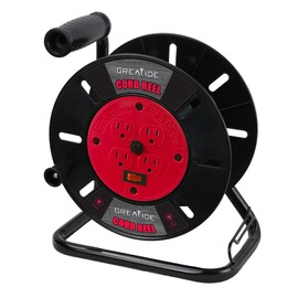 GREATIDE Heavy Duty Extension Cord Storage Reel with 4-Grounded Outlets, 10A Circuit Breaker, Retractable Hand Wind, Portable Empty Hand Crank Open Cord Reel for 12/3 14/3 16/3 Gauge Power Cord, Red