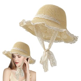 BSITSSS Lace Sun Hats, Straw Hat Foldable, Wide Brim Straw Hat with UV Protection, Beach Hat Lightweight, Summer Hats for Women Summer Vacation, Camping, Fishing, Hiking Beige