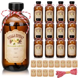 Uiifan 12 Pack Amber Glass Bottle Boston Round Bottles with Caps Brown Vanilla Extract Bottles and 12 Pcs Vanilla Extract Stickers for Syrup Gift Glass Food Storage Canister Set Sauce Beans (16 oz)