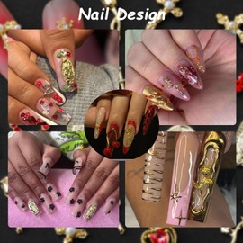 ALGLEA 62pcs Gold Nail Charms Set with Cross, Rose, Cherries, Guns, Hearts, Money, Flowers and Virgin Mary - Y2K 3D Gold Charms for Nail Decorations