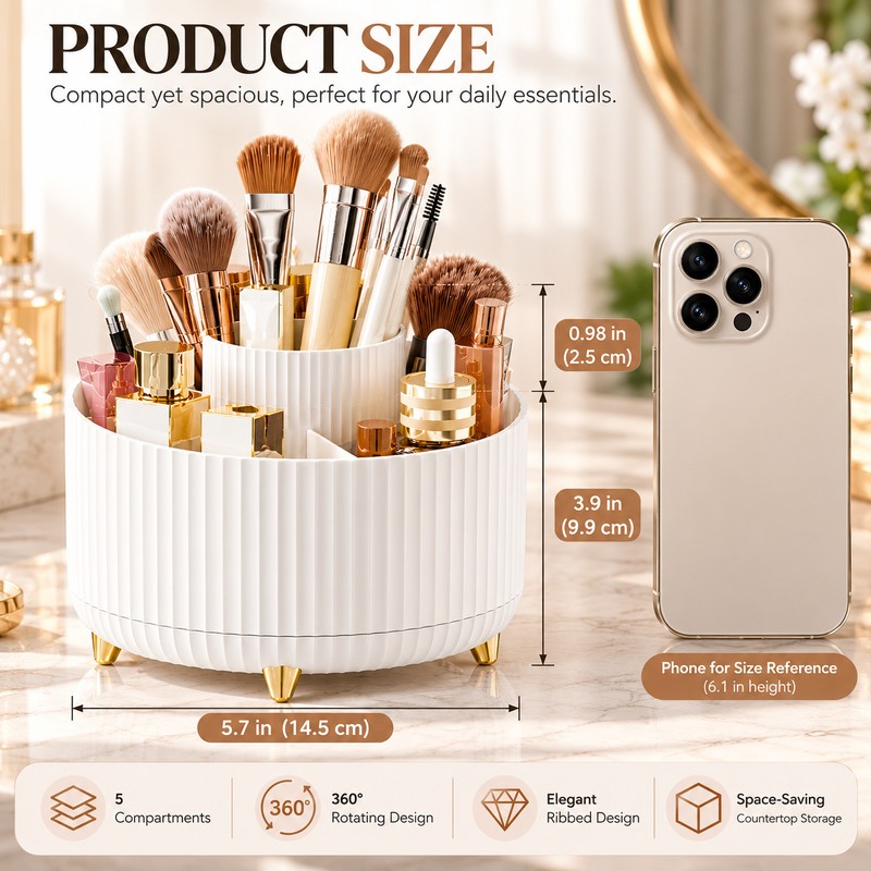 360° Rotating Makeup Organizer for Vanity, 5-Compartment Cosmetic Storage Holder