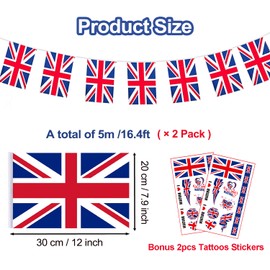 2 Pack Union Jack Bunting Flags, British England Flag String Indoor Outdoor Banner Double Sided Bunting for King's Birthday Parade Anniversary Football Party Decorations (Bonus 2pcs Tattoo Stickers)