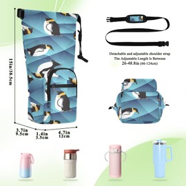 Kjovgcb Water Bottle Sling Sleeve Bag, Bottle Carrier Holder Case Cover with Removable Strap Travel Mug Cup Storage with Pockets Print Penguin Seamless Abstract Blue Crystal Ice