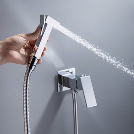 Gaosin Handheld Bidet Sprayer Warm Water, Square Bidet Hand Held Sprayer Shattaf Bathroom Attachment for Toilet with Concealed Brass Hot and Cold Mixing Valve Chrome