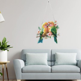 Birds Diamond Art Hanging Kits for Adults, Flower Diamond Painting Pendant Kits, DIY Acrylic 5D Special Shaped Crystal Diamonds Gem Art Painting Ornament for Home Wall Decor Gift 8x8 Inch